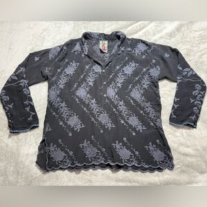 Johnny Was Womens Top XS Sheer Black Floral Embroidered Boho Hippie Collared